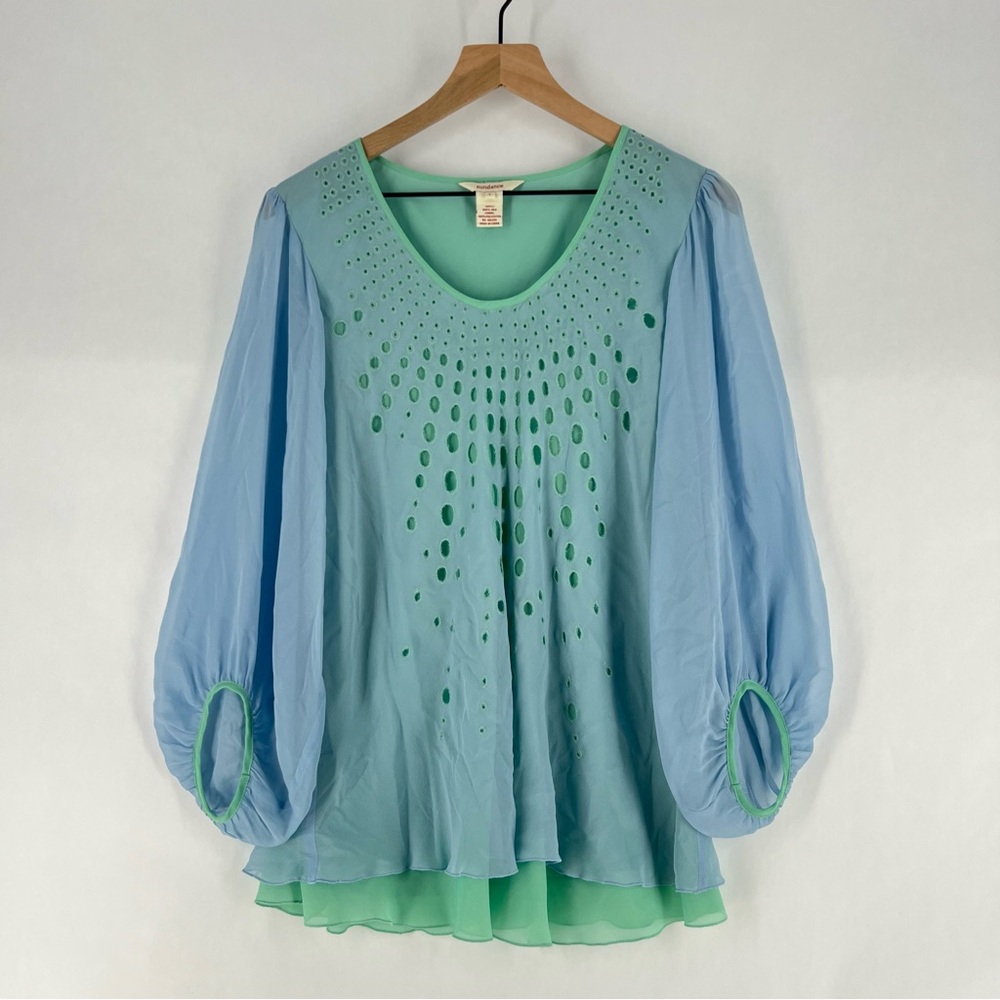 Sundance Mint Green and Light Blue Layered Balloon-Sleeve Blouse